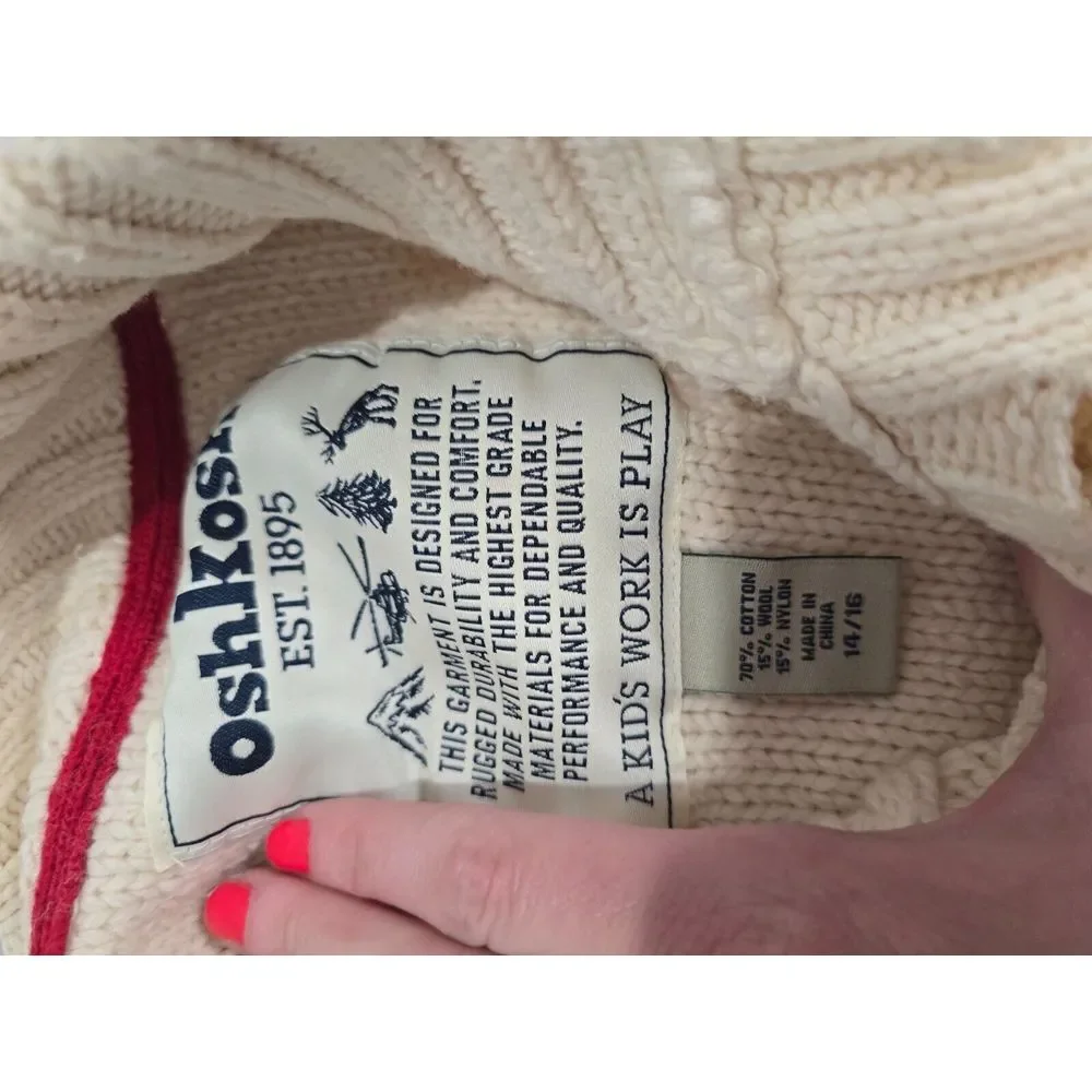 Wool Blend Cable Knit Off‎ White 14/16 Osh Kosh Knit Sweater 1/4 Button